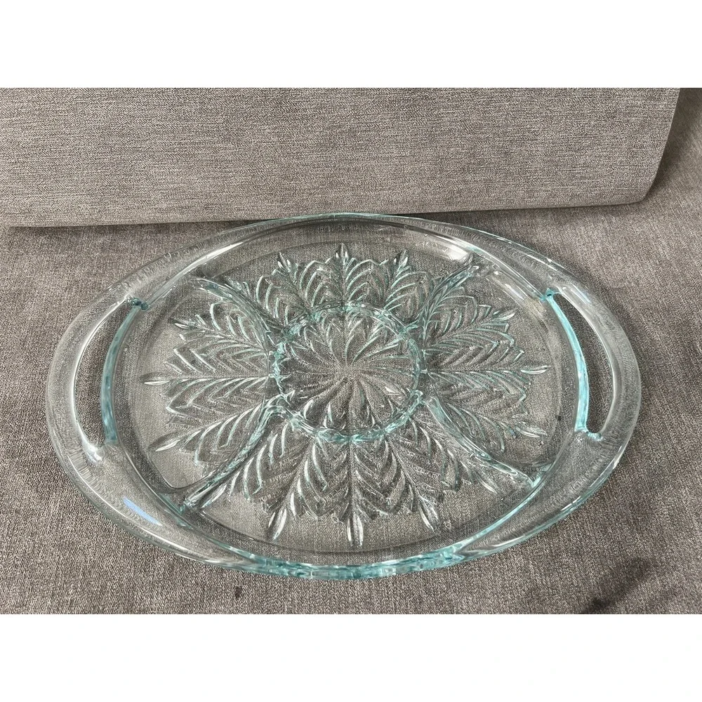 Vintage Aquamarine Jeanette Glass Handled Feather Divided Oval Tray 15.5